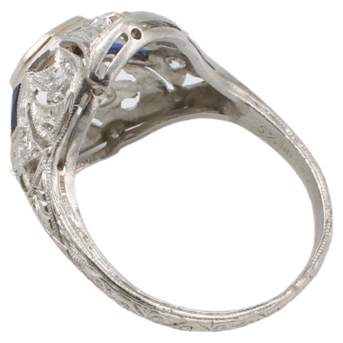 Women's or Men's Art Deco Platinum Old European Cut Natural Diamond & Sapphire Filigree Ring For Sale