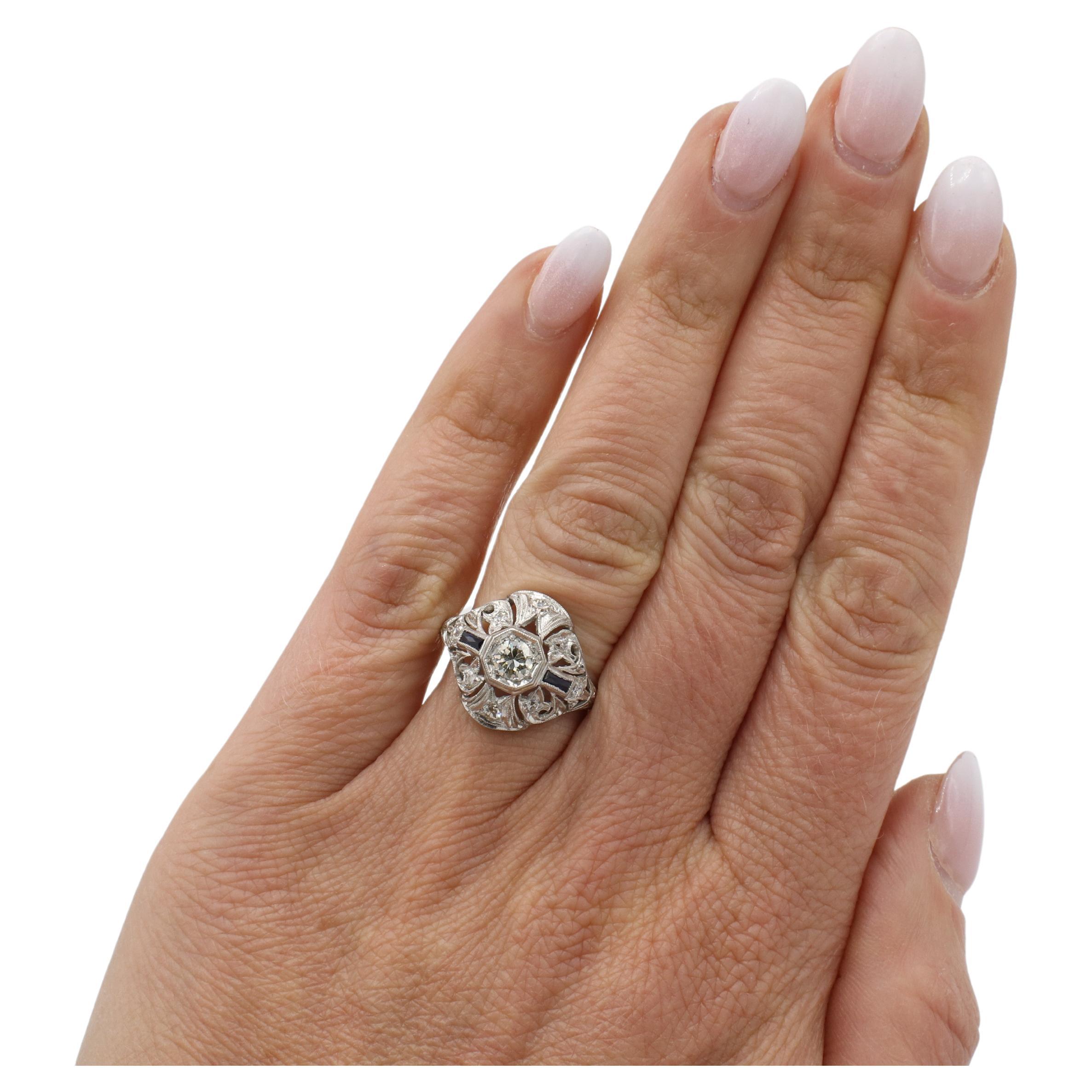 Art Deco Platinum Old European Cut Natural Diamond & Sapphire Filigree Ring For Sale 1