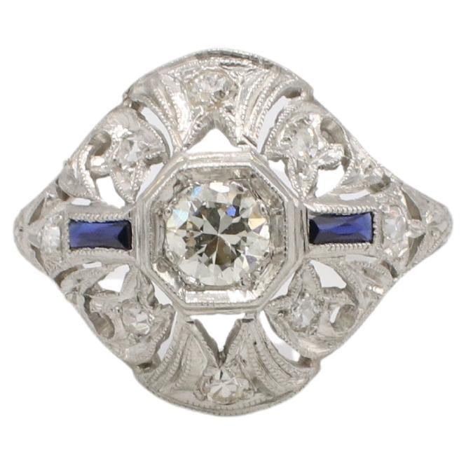 Art Deco Platinum Old European Cut Natural Diamond & Sapphire Filigree Ring For Sale