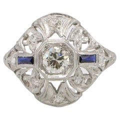 Anello Art Deco in platino con diamanti naturali e zaffiri taglio europeo