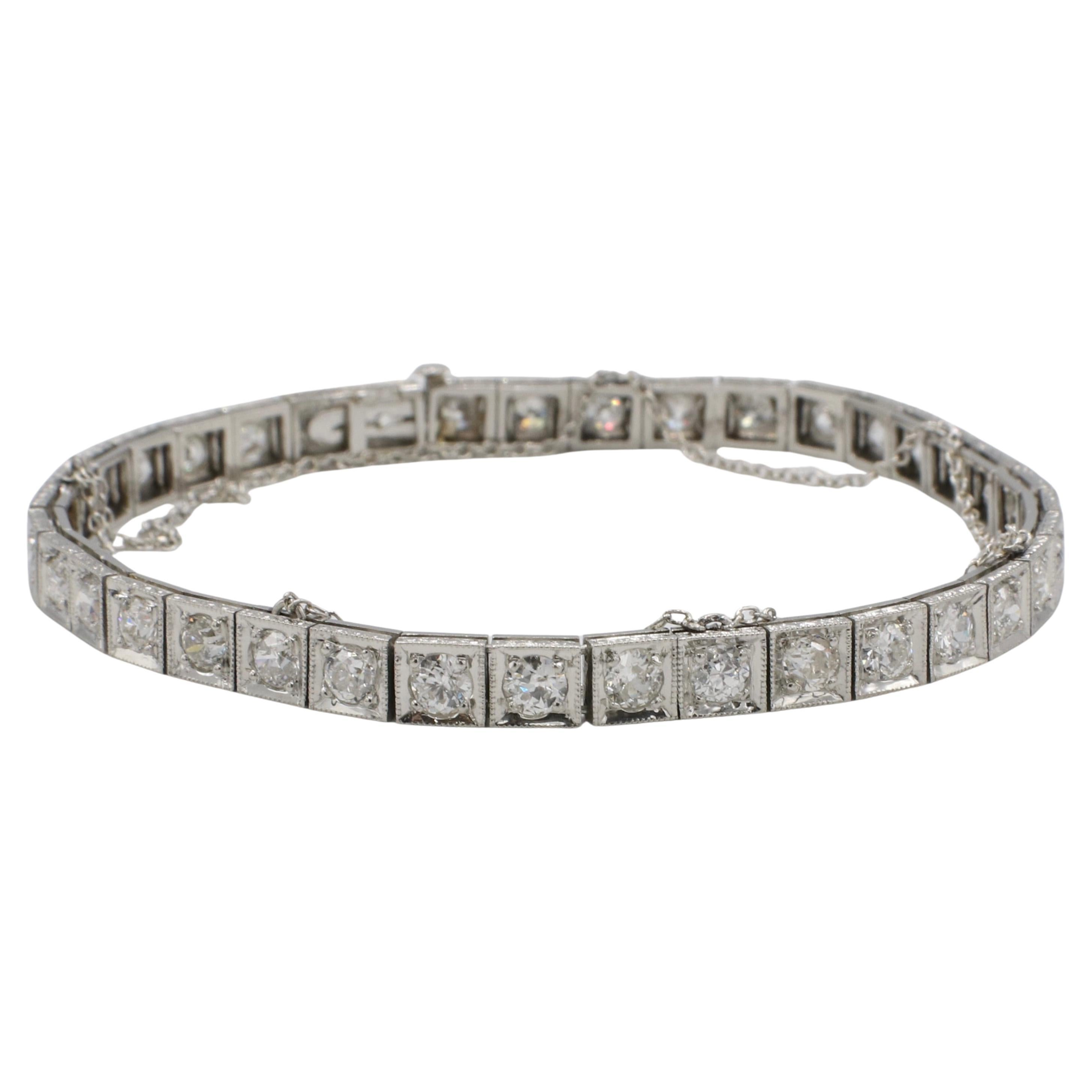 Art Decó Platino Antiguo Corte Europeo Diamante Natural Tenis Línea Pulsera