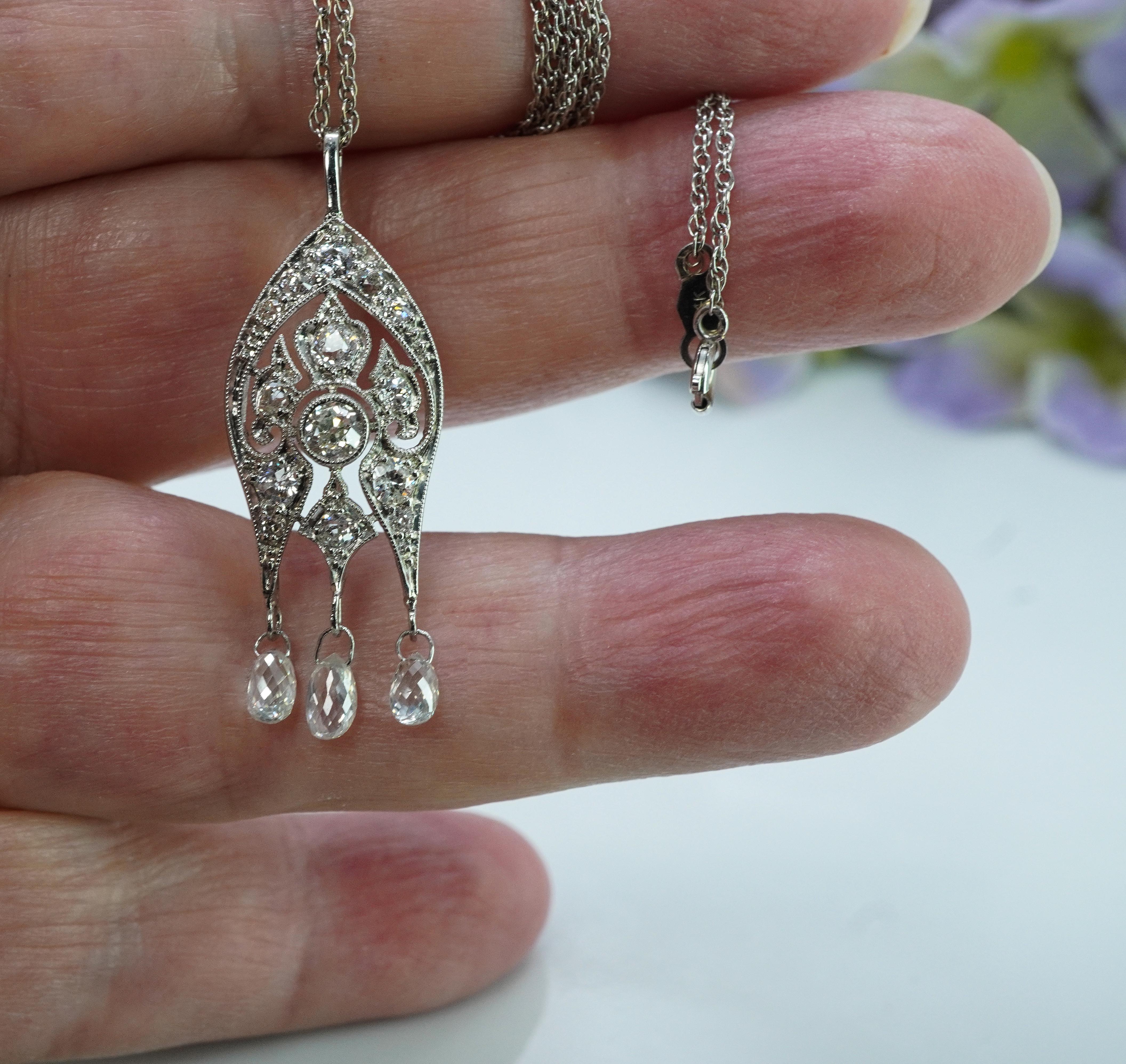 Art Decó Platino Antiguo Collar Europeo de Diamantes Antiguos Briolette Colgante 1.6ct Corte europeo antiguo en venta