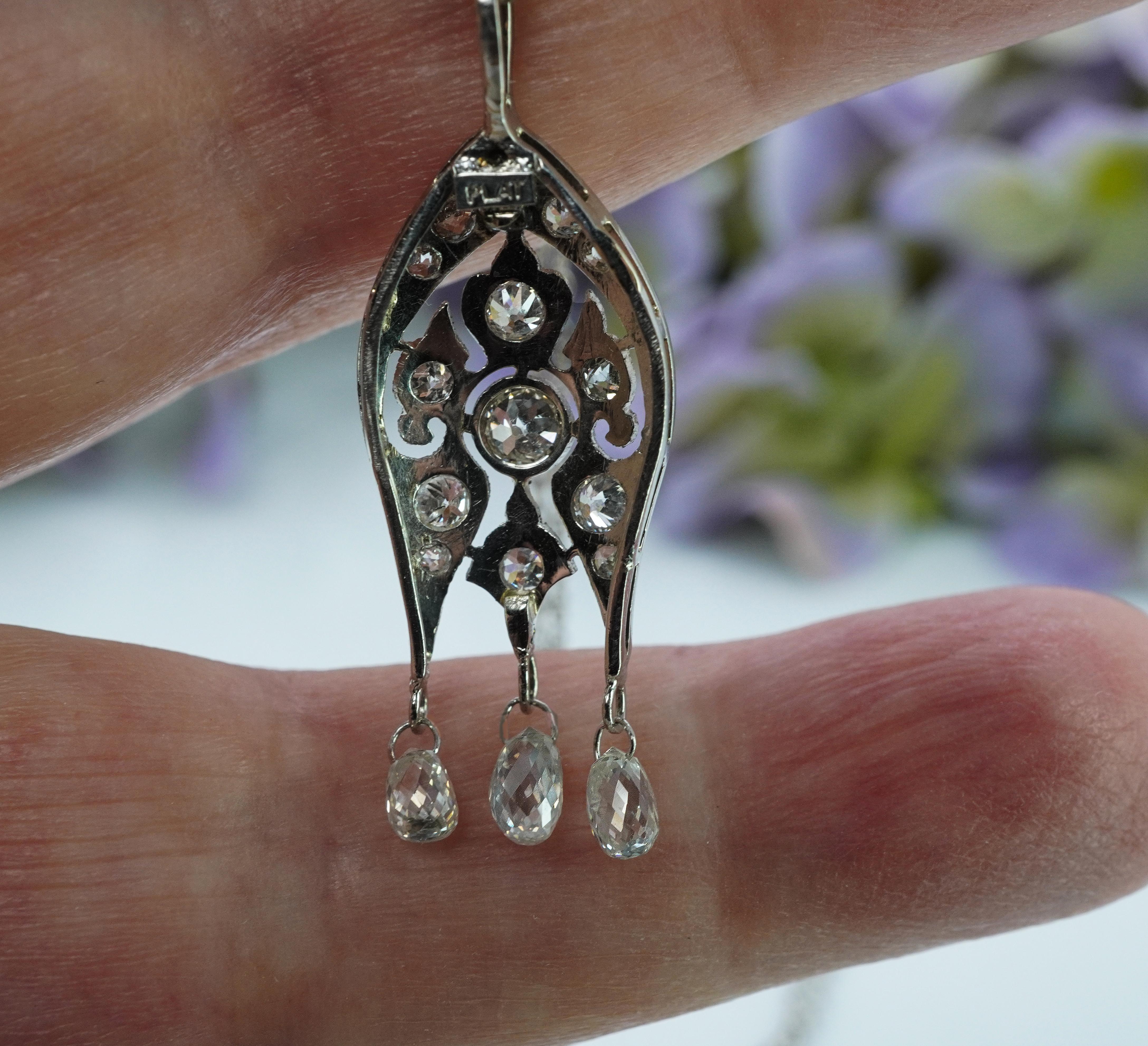 De las mujeres Art Decó Platino Antiguo Collar Europeo de Diamantes Antiguos Briolette Colgante 1.6ct en venta