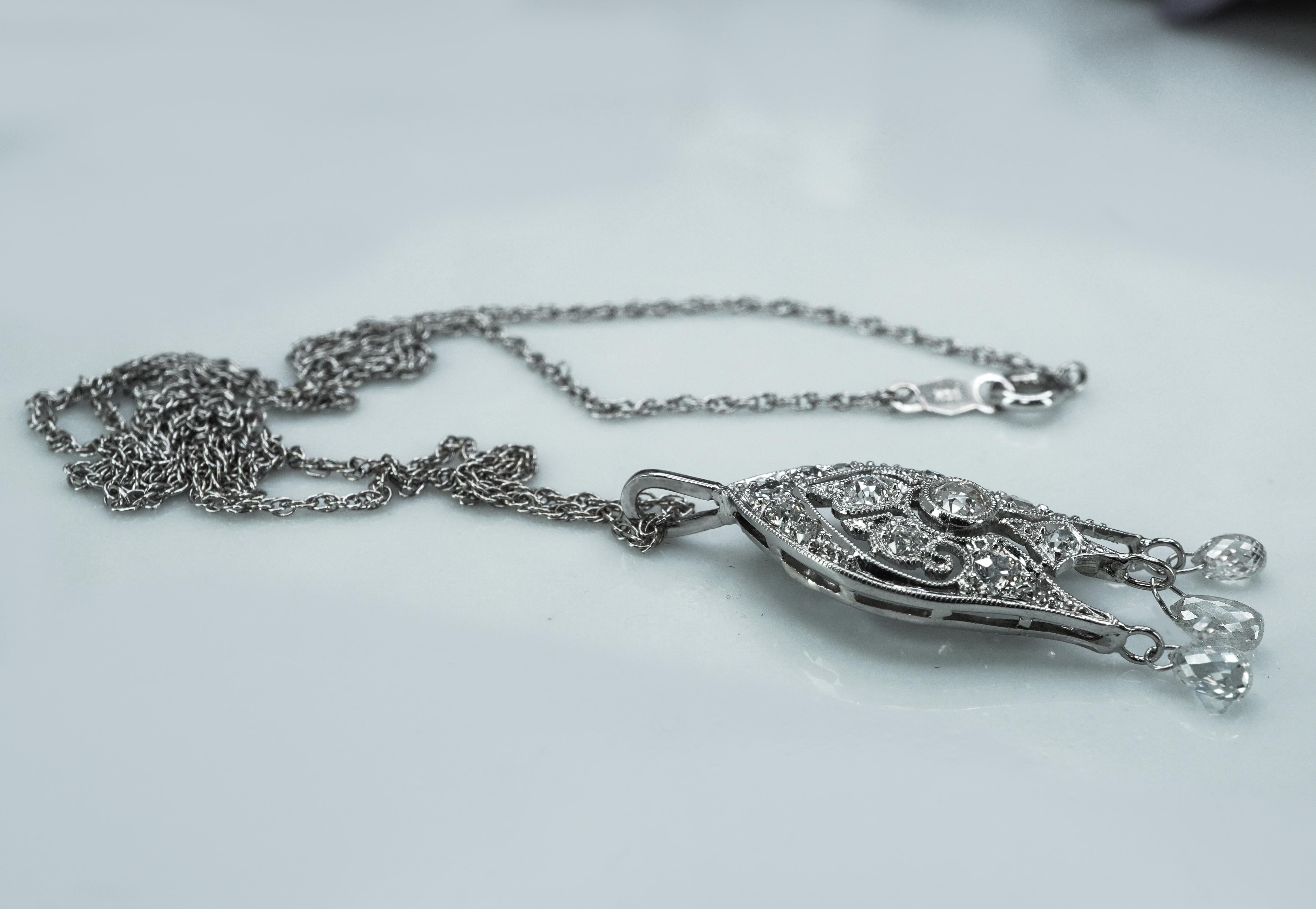 Art Decó Platino Antiguo Collar Europeo de Diamantes Antiguos Briolette Colgante 1.6ct en venta 1