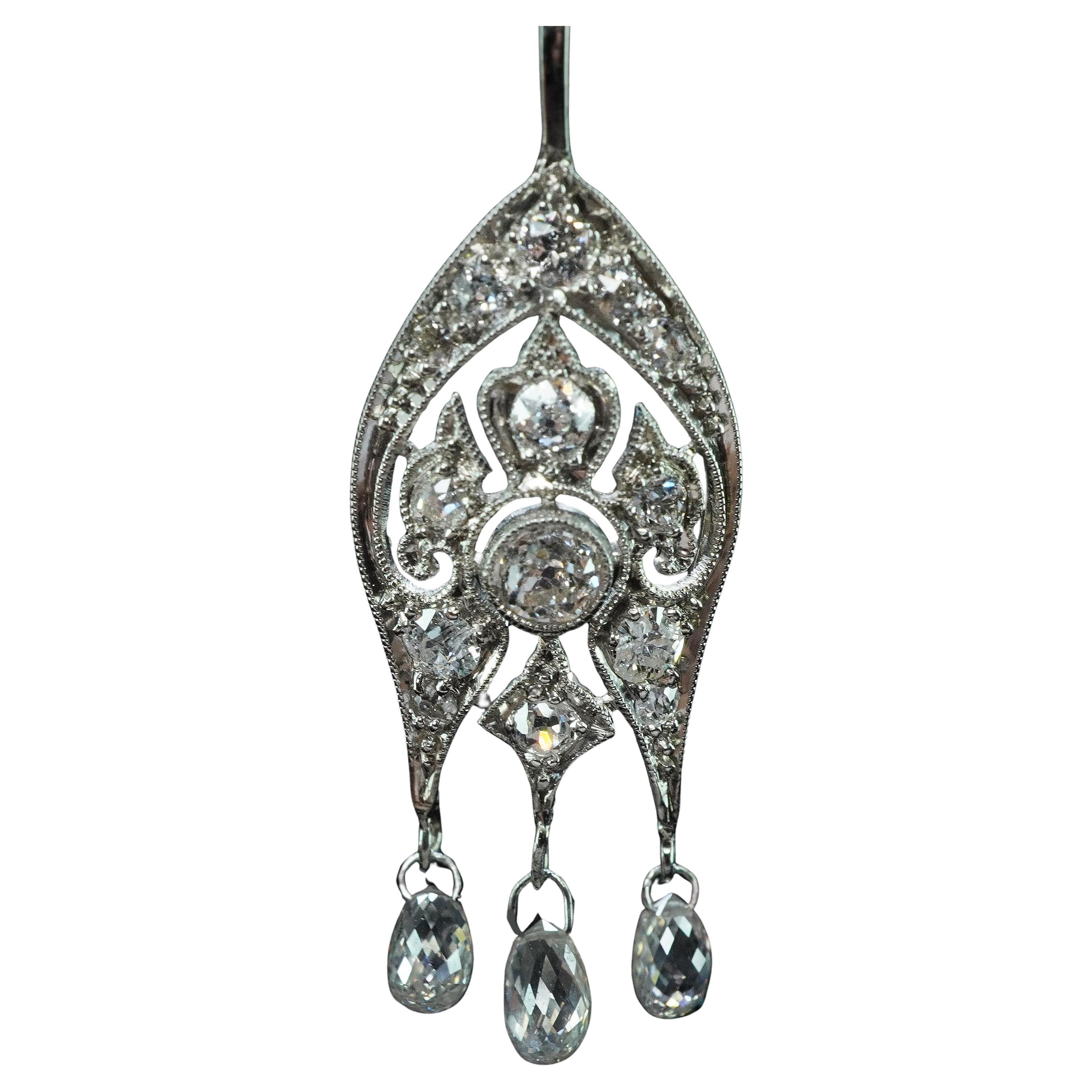 Art Decó Platino Antiguo Collar Europeo de Diamantes Antiguos Briolette Colgante 1.6ct en venta