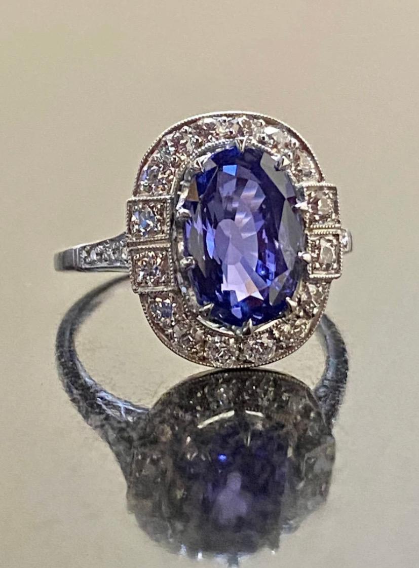 Art Deco Platinum Diamond GIA Certified 3.88 Carat Color Change Sapphire Engagement Ring For Sale