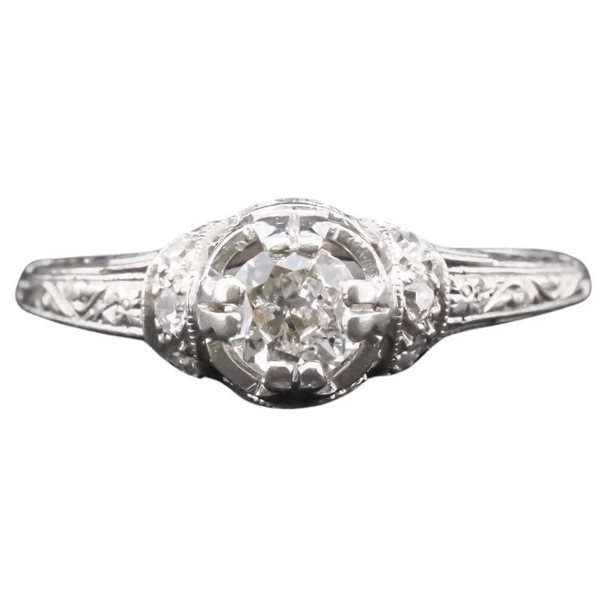 Anillo de compromiso de diamantes europeos antiguos en platino Art Déco - VHK#313a