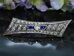 Art Deco Platinum Old European Diamond French Sapphire Brooch Estate Fine 2.1ct