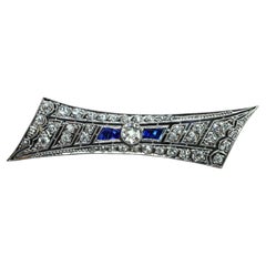 Art Deco Platinum Old European Diamond French Sapphire Brooch Estate Fine 2.1ct