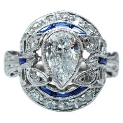 ART DECO Platine Ancienne Poire Européenne Diamant Saphir Français Bague papillon