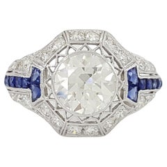 Art Deco Platinum Old European Round Brilliant Cut Diamond & Sapphire Ring