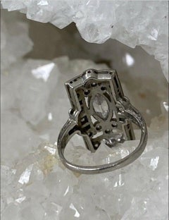 Art Deco Platinum Old Mine Marquis Diamond and Emerald Rectangular Ring