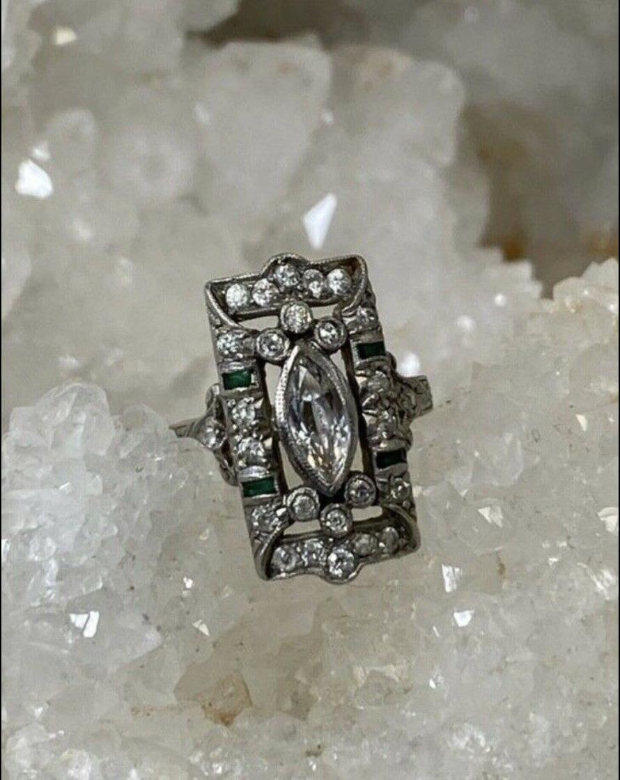 Art Deco Platinum Old Mine Marquis Diamond and Emerald Rectangular Ring In Excellent Condition For Sale In Addison, TX
