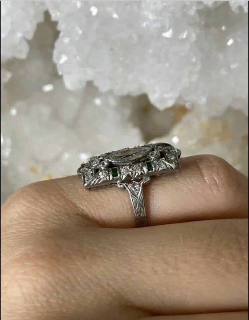Women's Art Deco Platinum Old Mine Marquis Diamond and Emerald Rectangular Ring For Sale