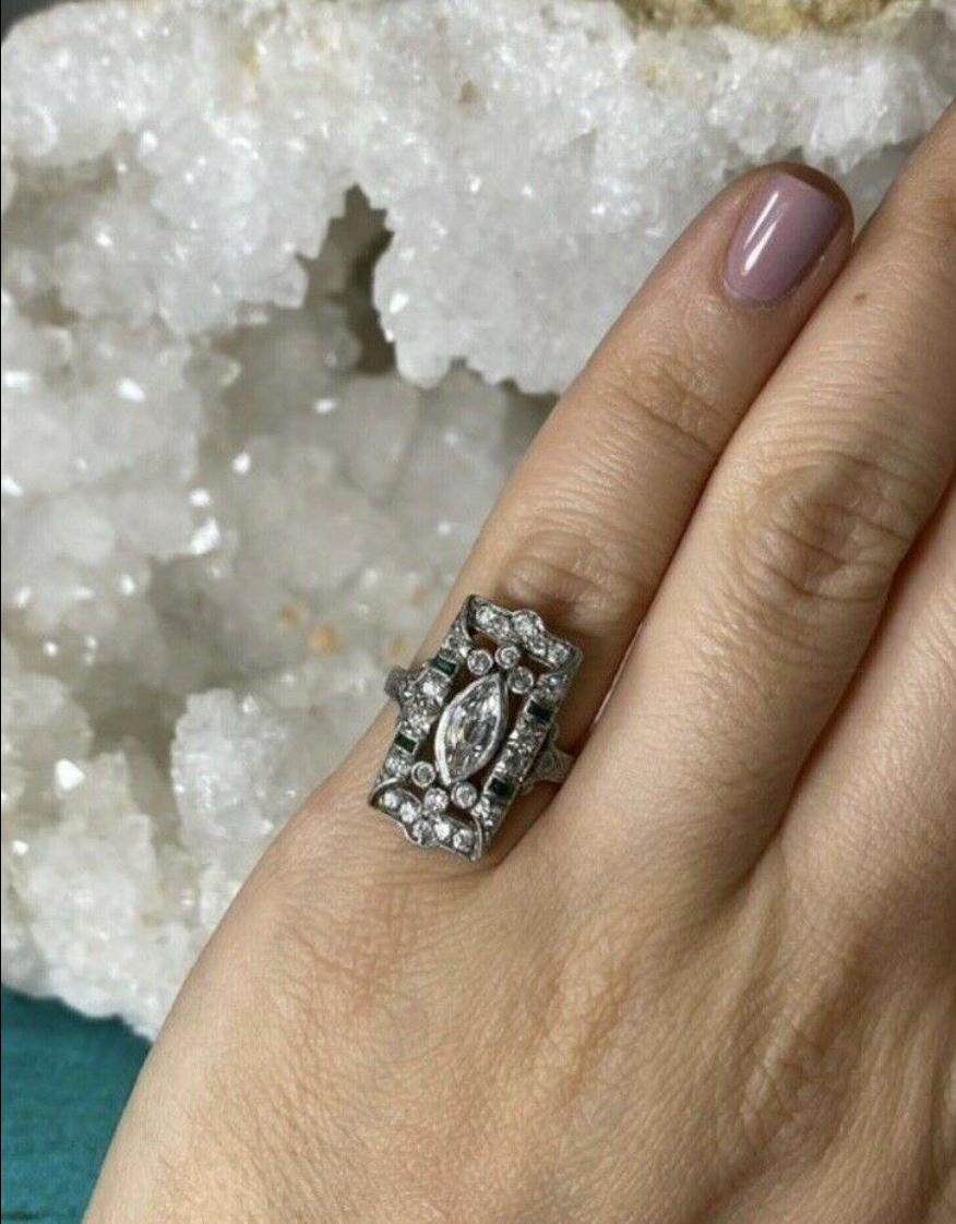 Art Deco Platinum Old Mine Marquis Diamond and Emerald Rectangular Ring For Sale 1