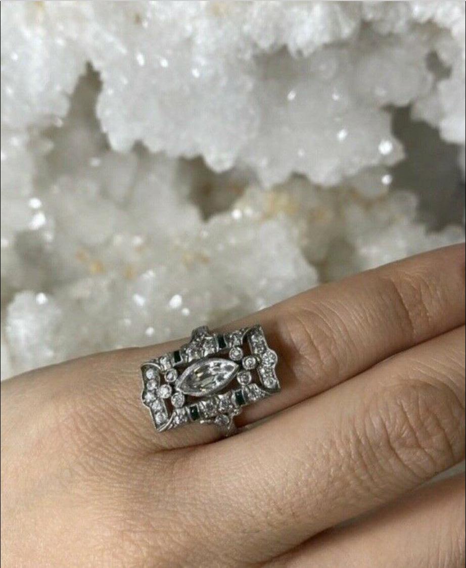 Art Deco Platinum Old Mine Marquis Diamond and Emerald Rectangular Ring For Sale 2