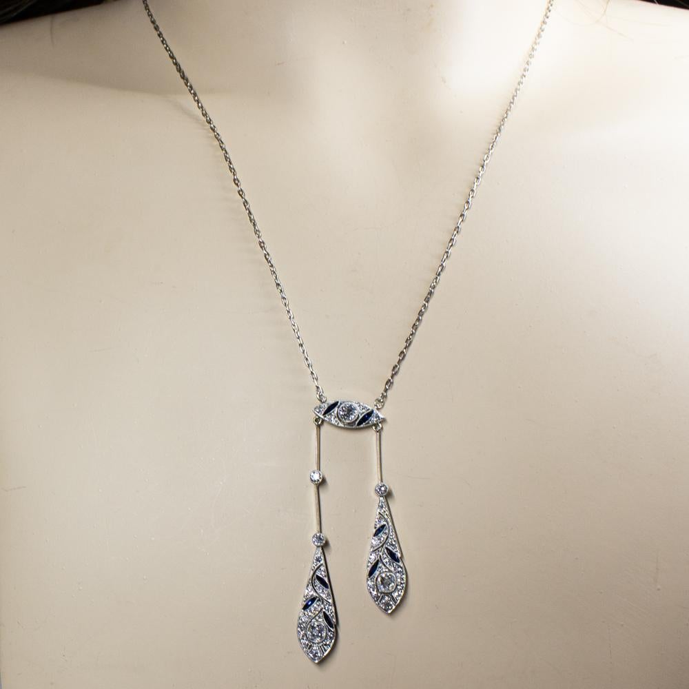 Women's or Men's Art Deco Platinum Old Mine Natural Sapphires Necklace