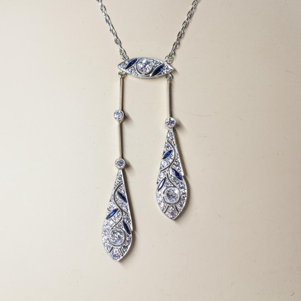 Art Deco Platinum Old Mine Natural Sapphires Necklace 3