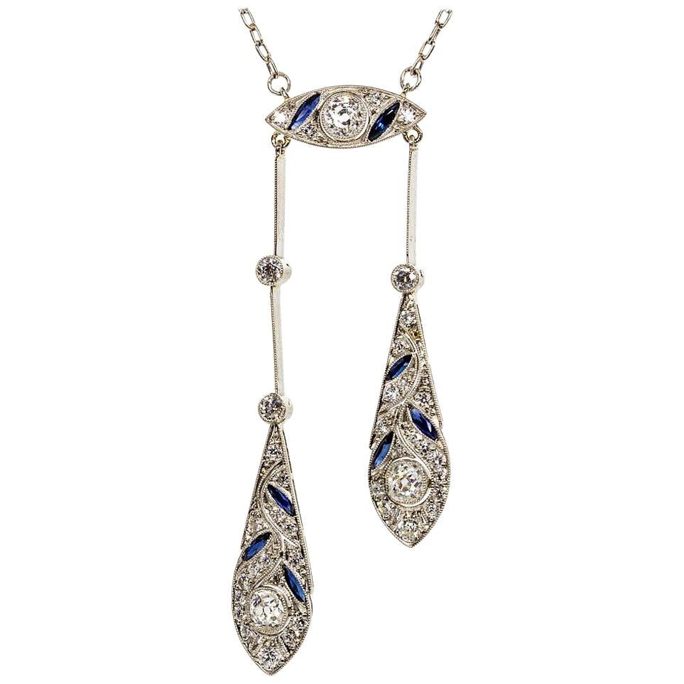 Art Deco Platinum Old Mine Natural Sapphires Necklace