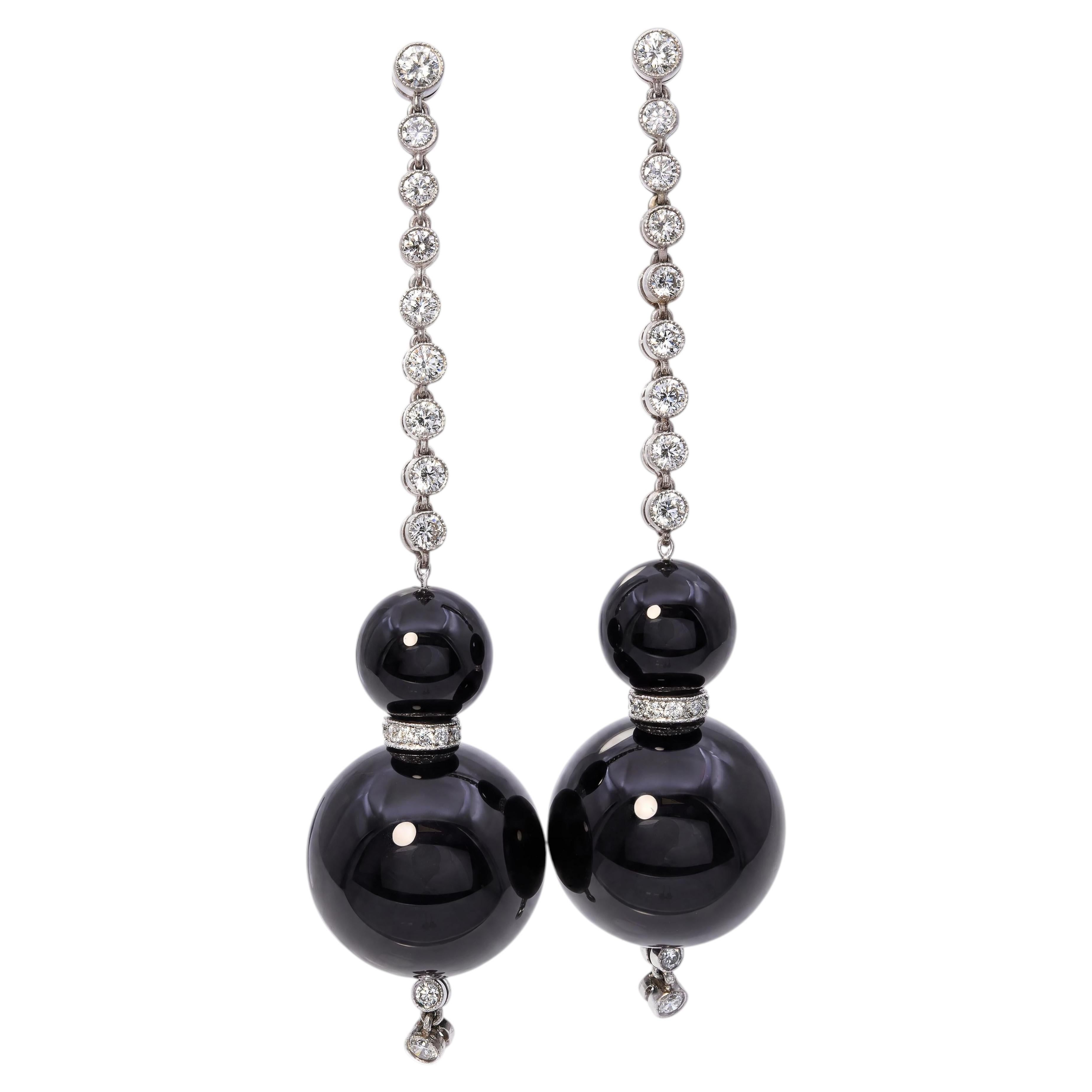 Art Deco Platinum Onyx and Diamond Dangle Drop Earrings For Sale