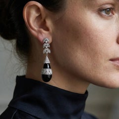Art Deco Platinum Onyx and Diamond Drop Earrings
