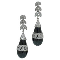 Art Deco Platinum Onyx and Diamond Drop Earrings