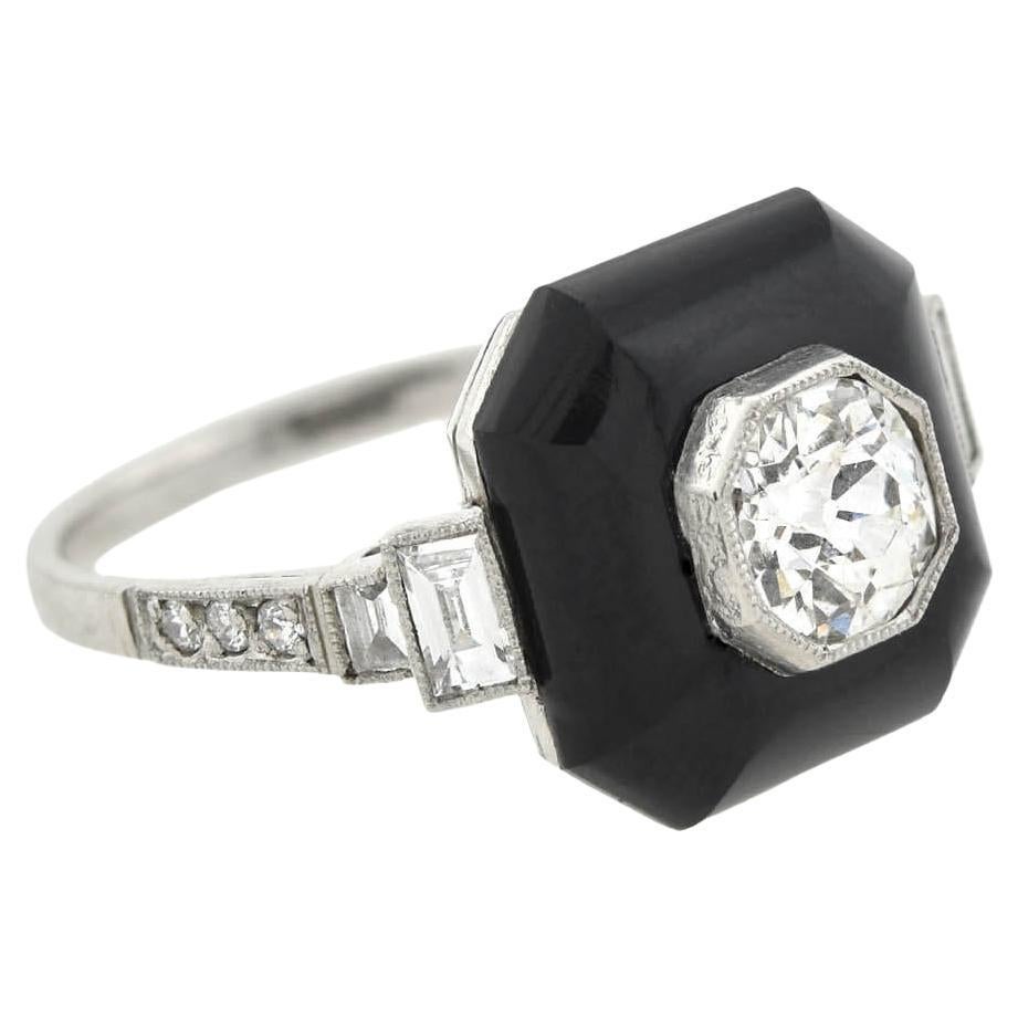 Art Deco Platinum Onyx and Diamond Ring 0.75ctw