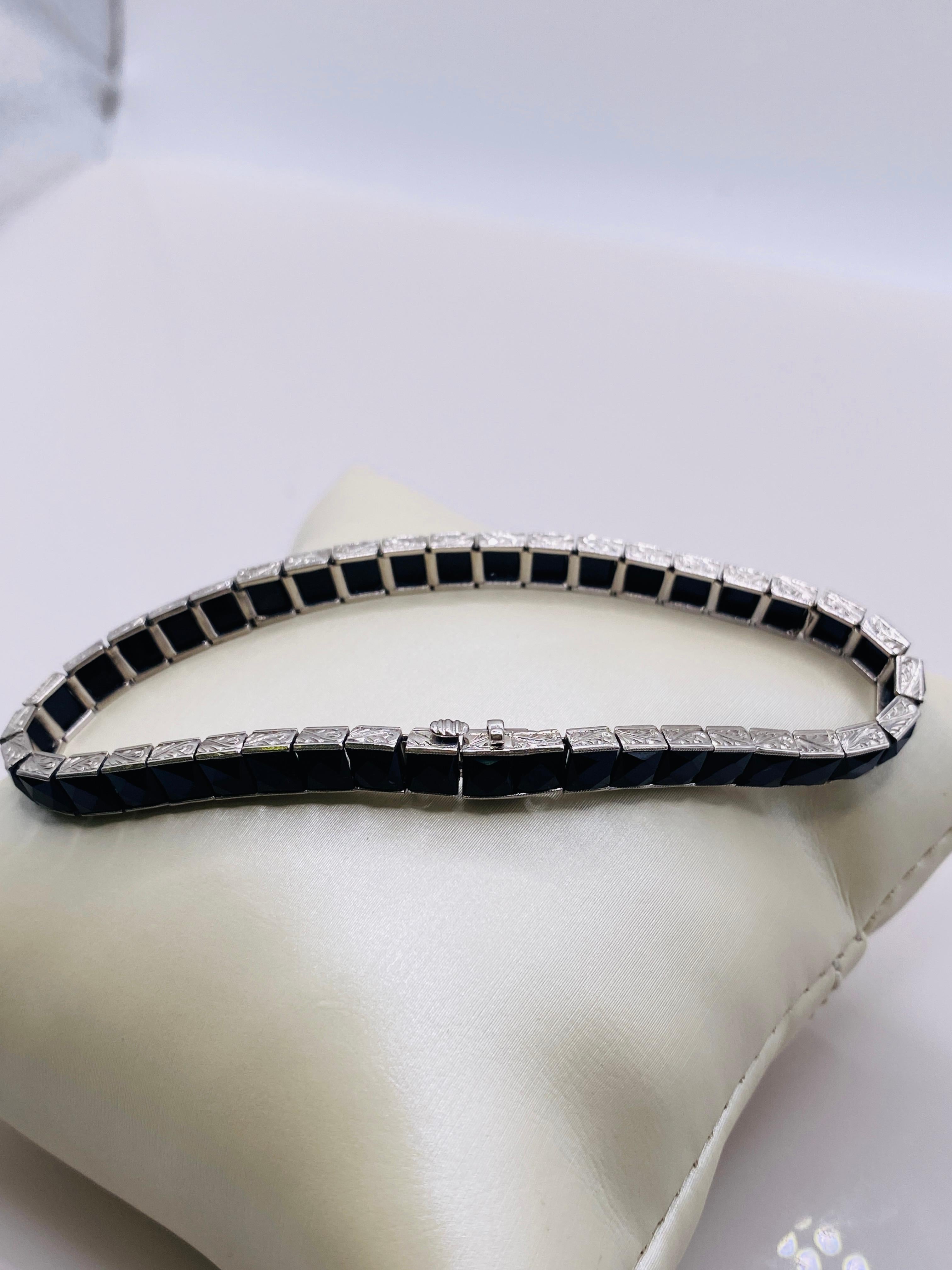 Women's or Men's Art Deco Platinum Onyx Bracelet