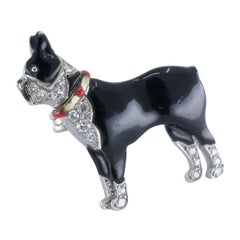 Art Deco Platinum Onyx Diamond Enamel French Bulldog Brooch, Circa 1920s–1930s