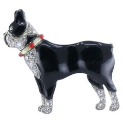 Art Deco Platinum Onyx Diamond Enamel French Bulldog Brooch, Circa 1920s–1930s