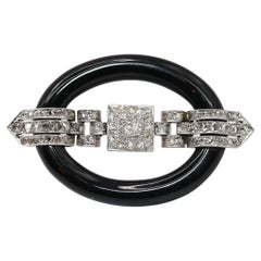Art Deco Platinum Onyx Diamonds Buckle Brooch, 1910
