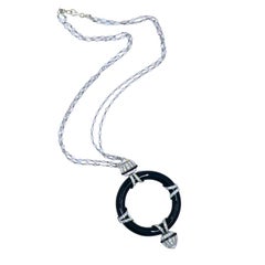 Art Deco Platinum Onyx Pendant on Modern Gold Diamond Chain Necklace