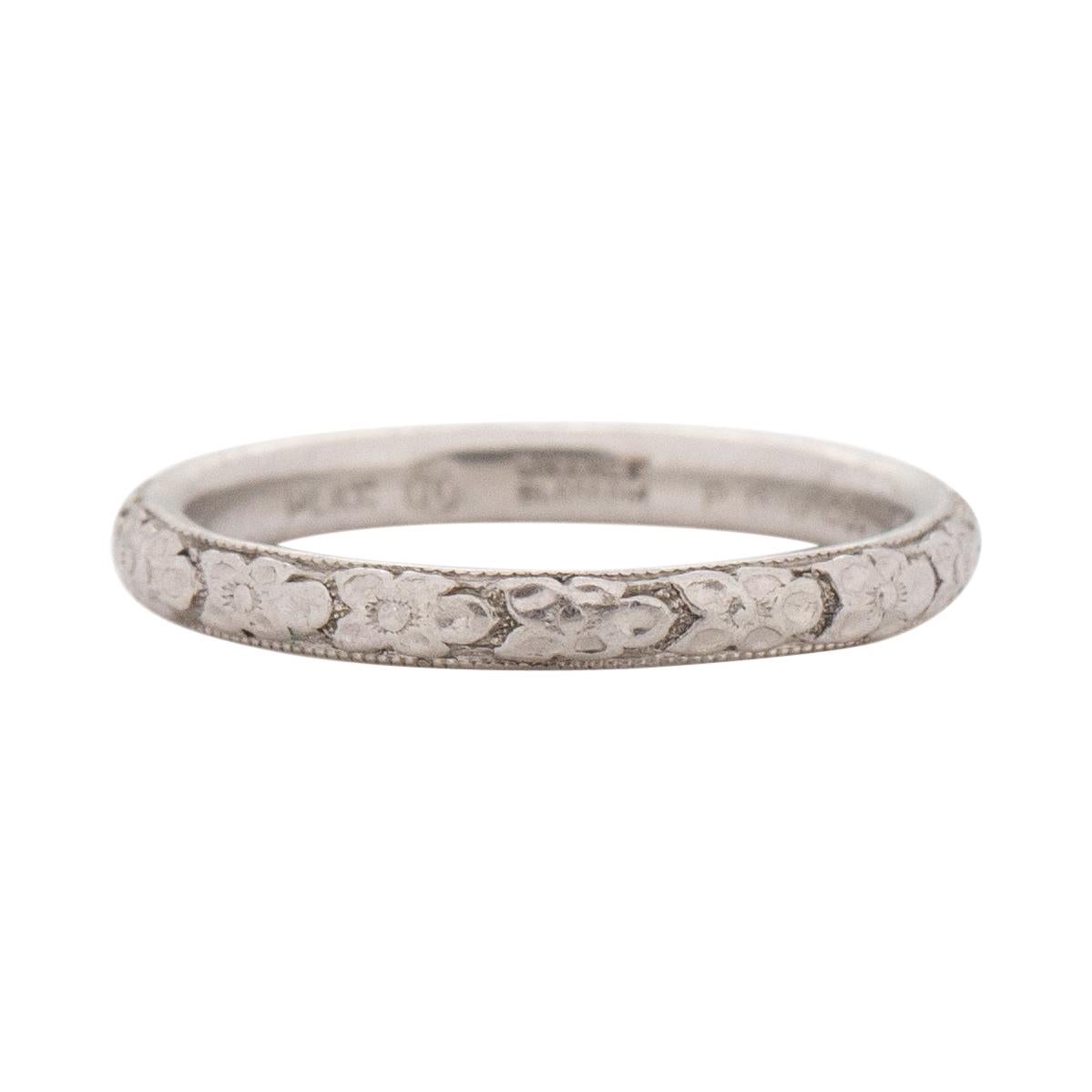 Art Deco Platinum Orange Blossom Floral Engraved Stackable Wedding Band