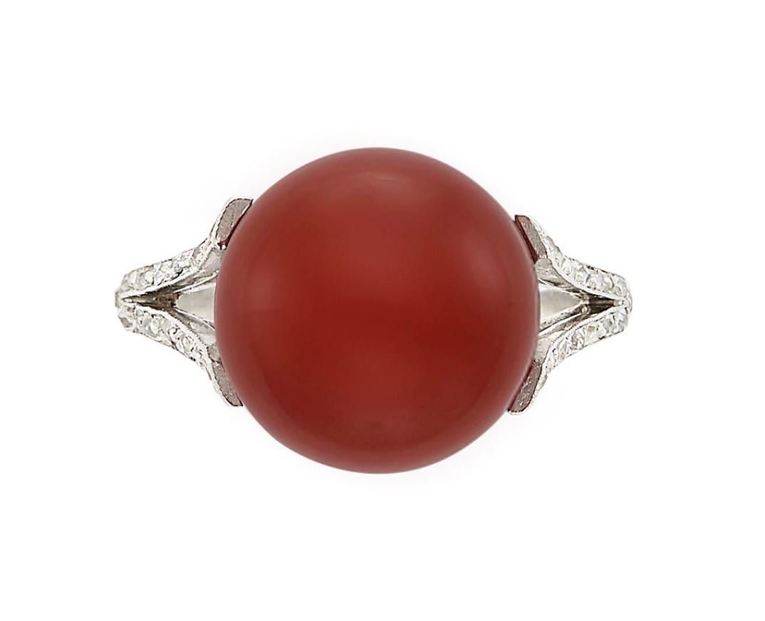 Art Deco Platinum and Diamond Ring featuring an Oxblood Coral ball measuring approximately 11.6 mm., within a split shank and openwork basket of small old-mine cut diamonds, circa 1920. Size 4 1/4