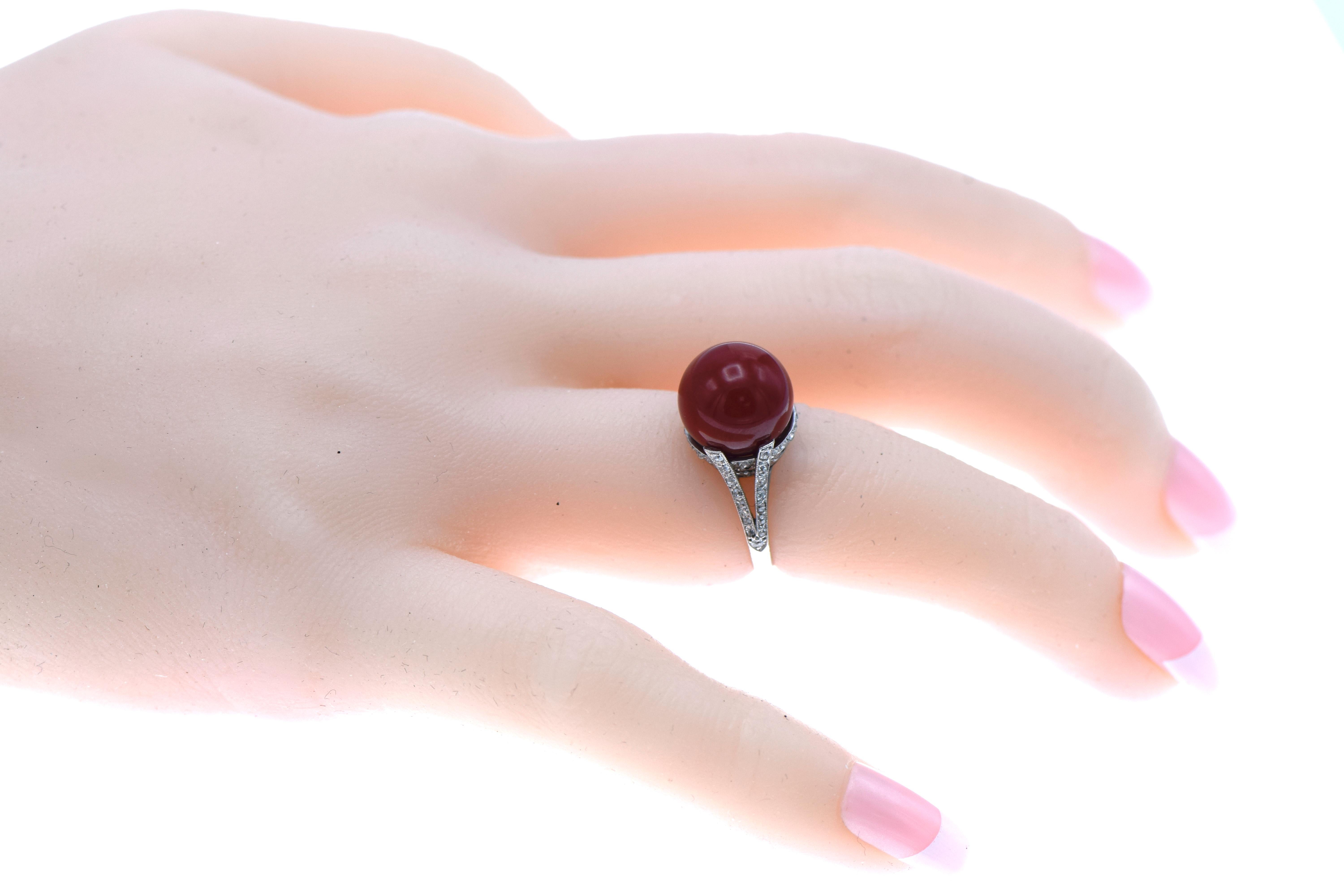 Art Deco Platinum Oxblood Coral and Diamond Ring In Good Condition In New York, NY