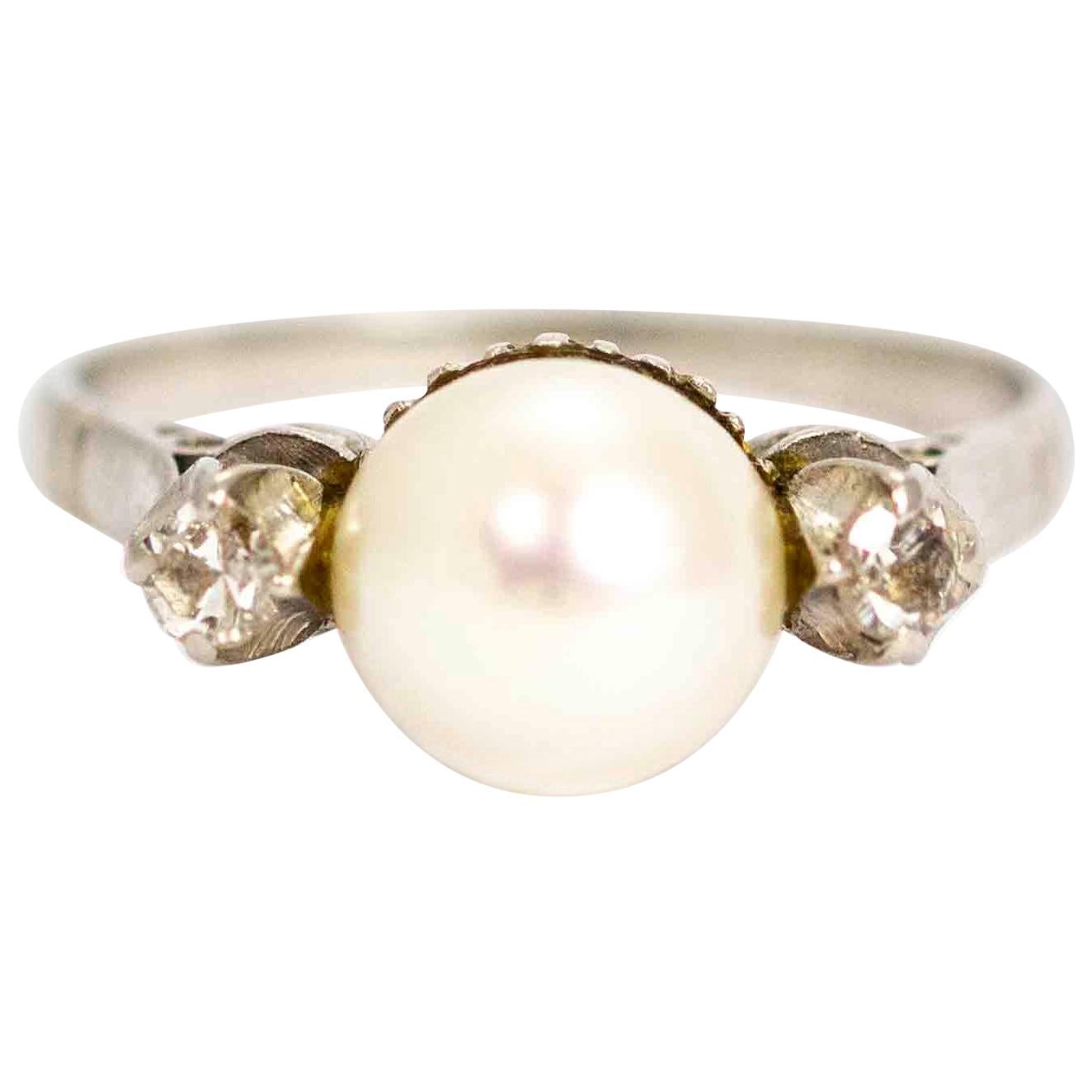 Art Deco Platinum Pearl and Diamond Three-Stone Ring