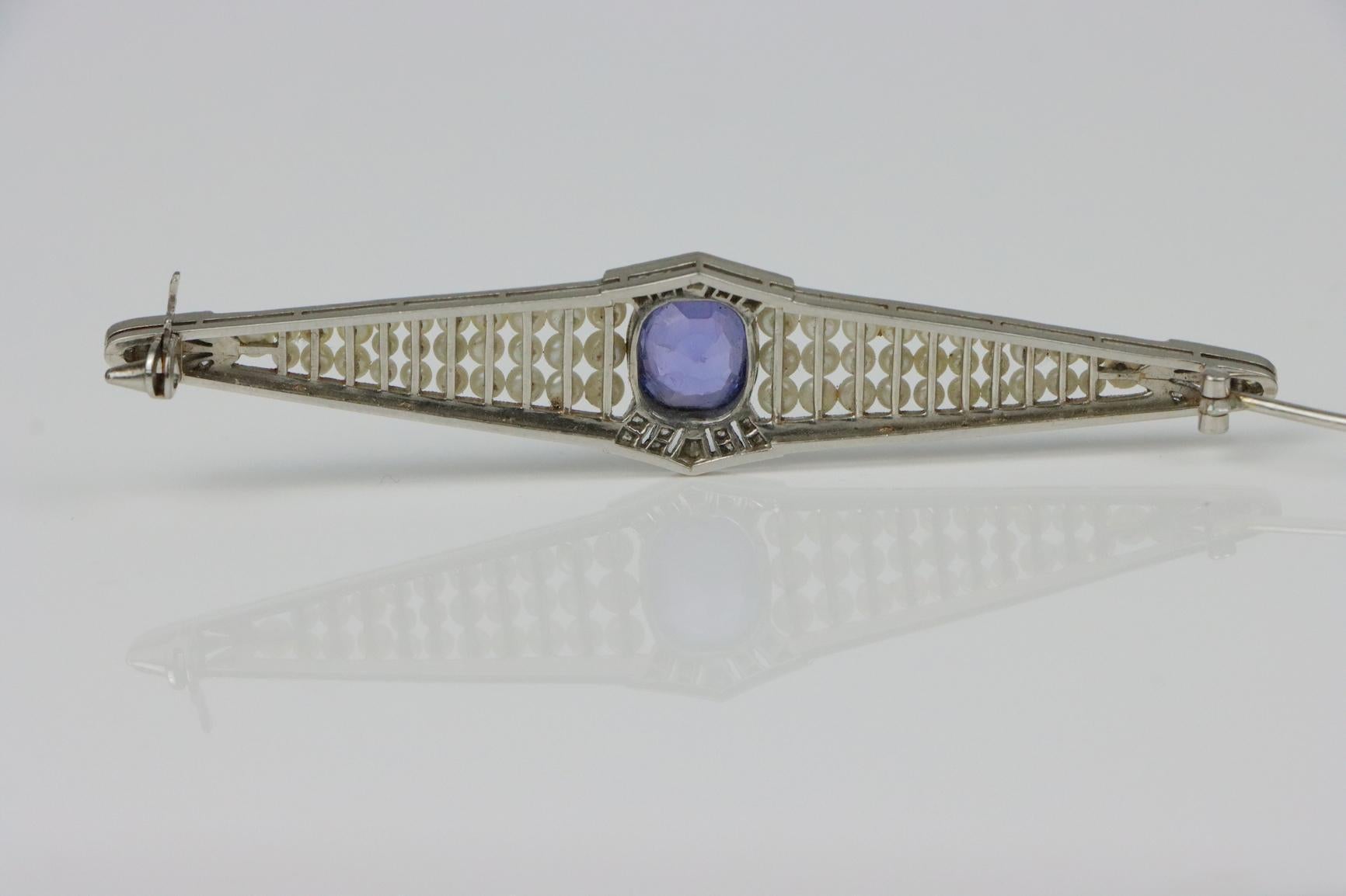 Art Deco Platin Perle & Ceylon Unerhitzter Saphir Brosche Pin AGL zertifiziert im Angebot 5