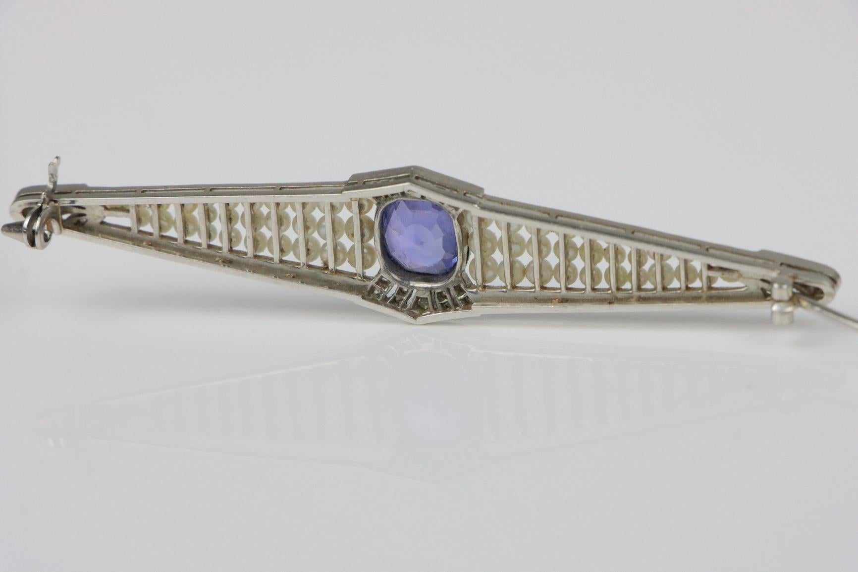 Art Deco Platinum Pearl & Ceylon Unheated Sapphire Brooch Pin AGL Certified For Sale 6