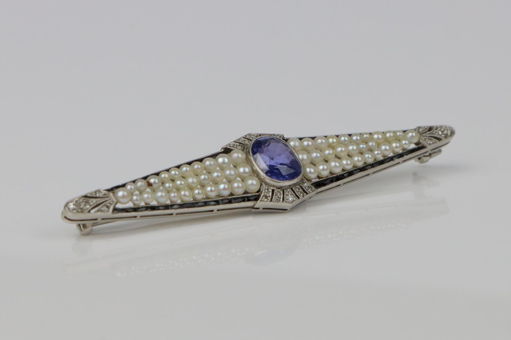 Women's Art Deco Platinum Pearl & Ceylon Unheated Sapphire Brooch Pin AGL Certified For Sale