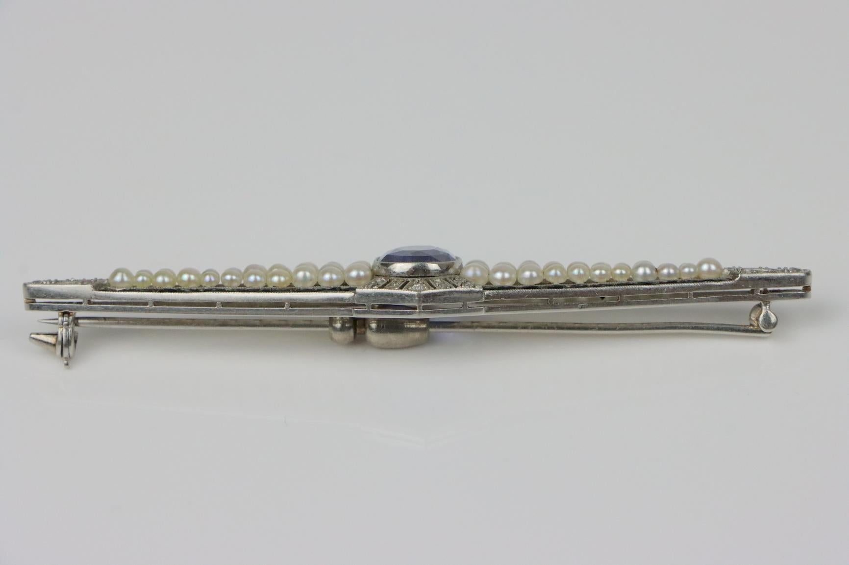 Art Deco Platinum Pearl & Ceylon Unheated Sapphire Brooch Pin AGL Certified For Sale 1