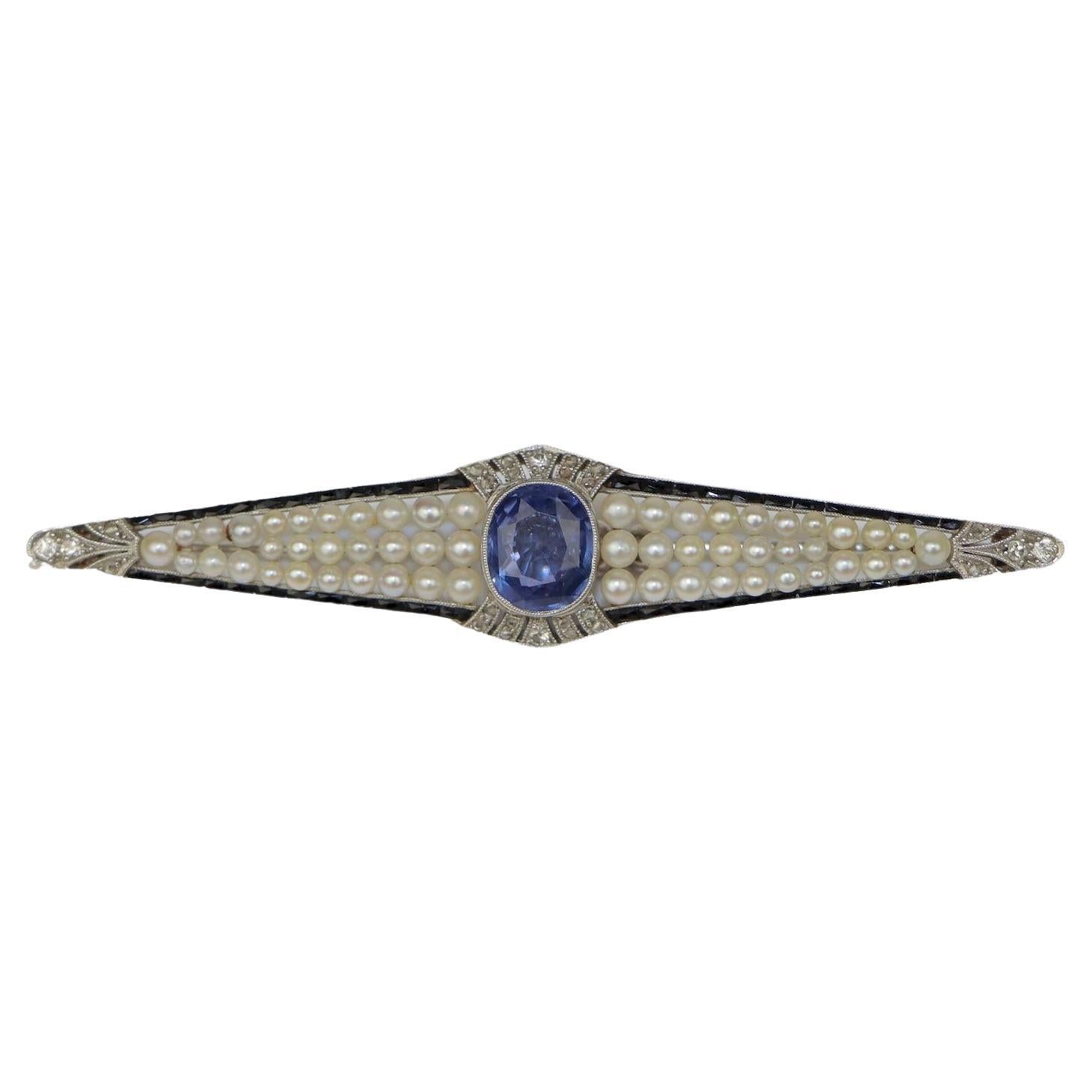 Art Deco Platinum Pearl & Ceylon Unheated Sapphire Brooch Pin AGL Certified For Sale