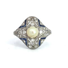 Art Deco Platin Perle Diamant Saphir Ring 3,8g 0,35ct