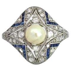 Art Deco Platin Perle Diamant Saphir Ring 3,8g 0,35ct