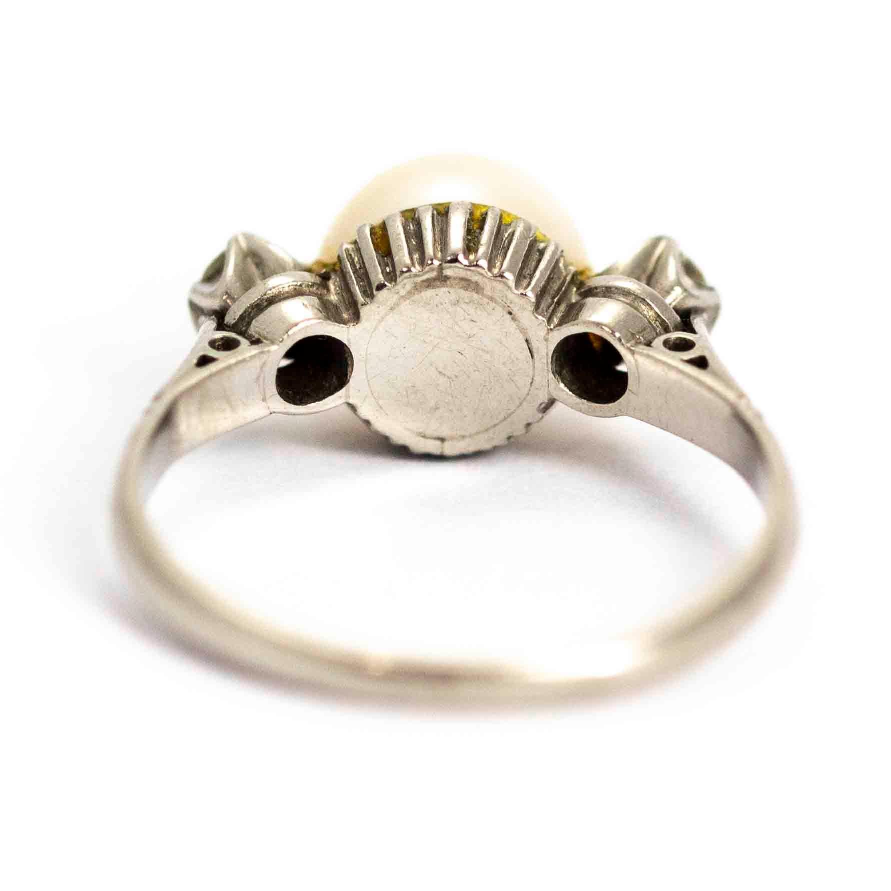 Women's or Men's Art Deco Platinum Pearl and Diamond Three-Stone Ring