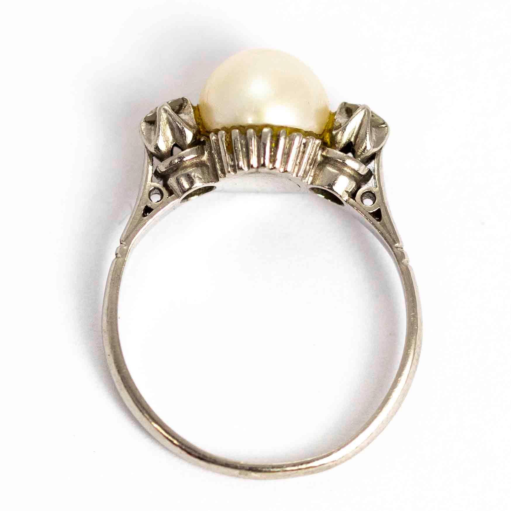 Art Deco Platinum Pearl and Diamond Three-Stone Ring 3