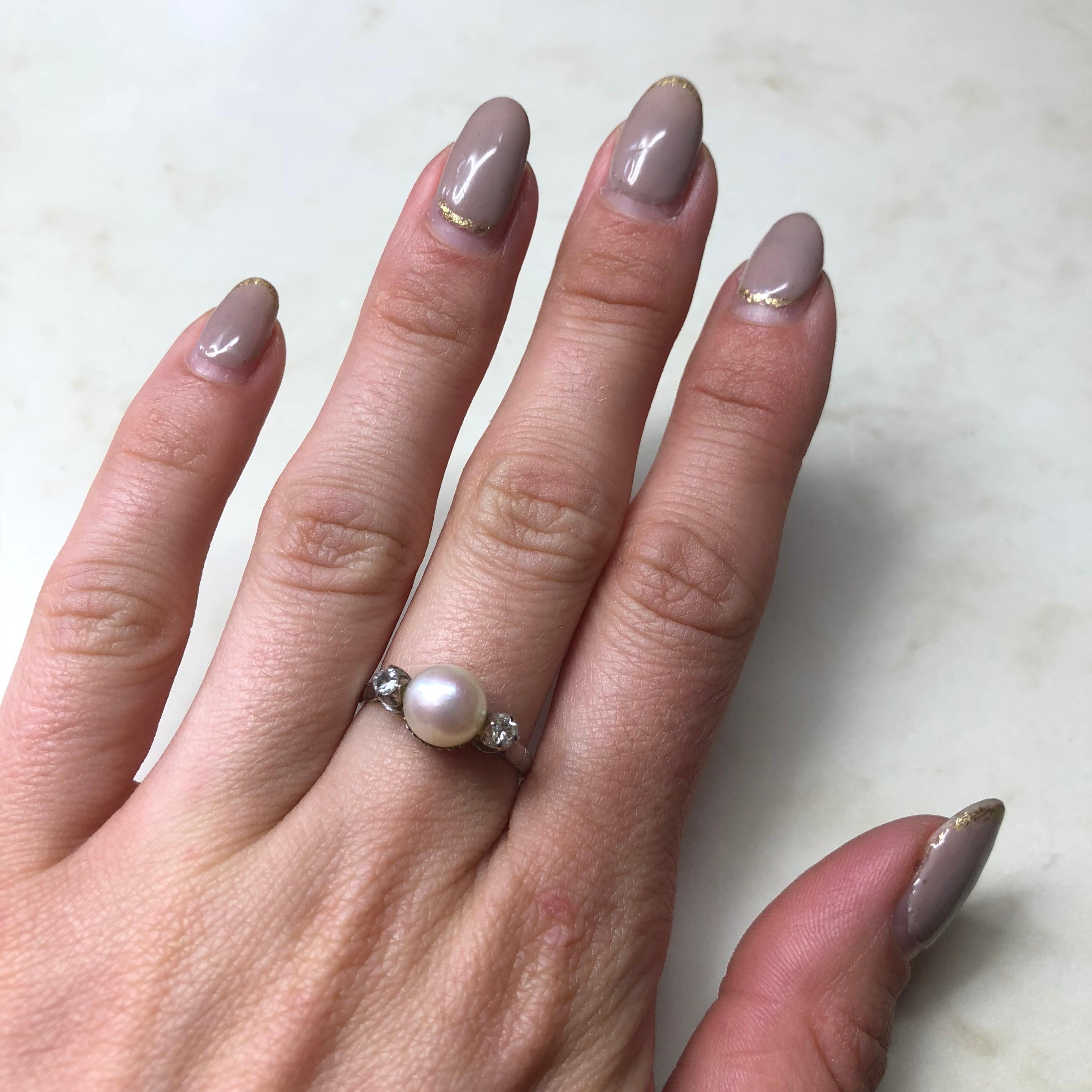 Art Deco Platinum Pearl and Diamond Three-Stone Ring 4