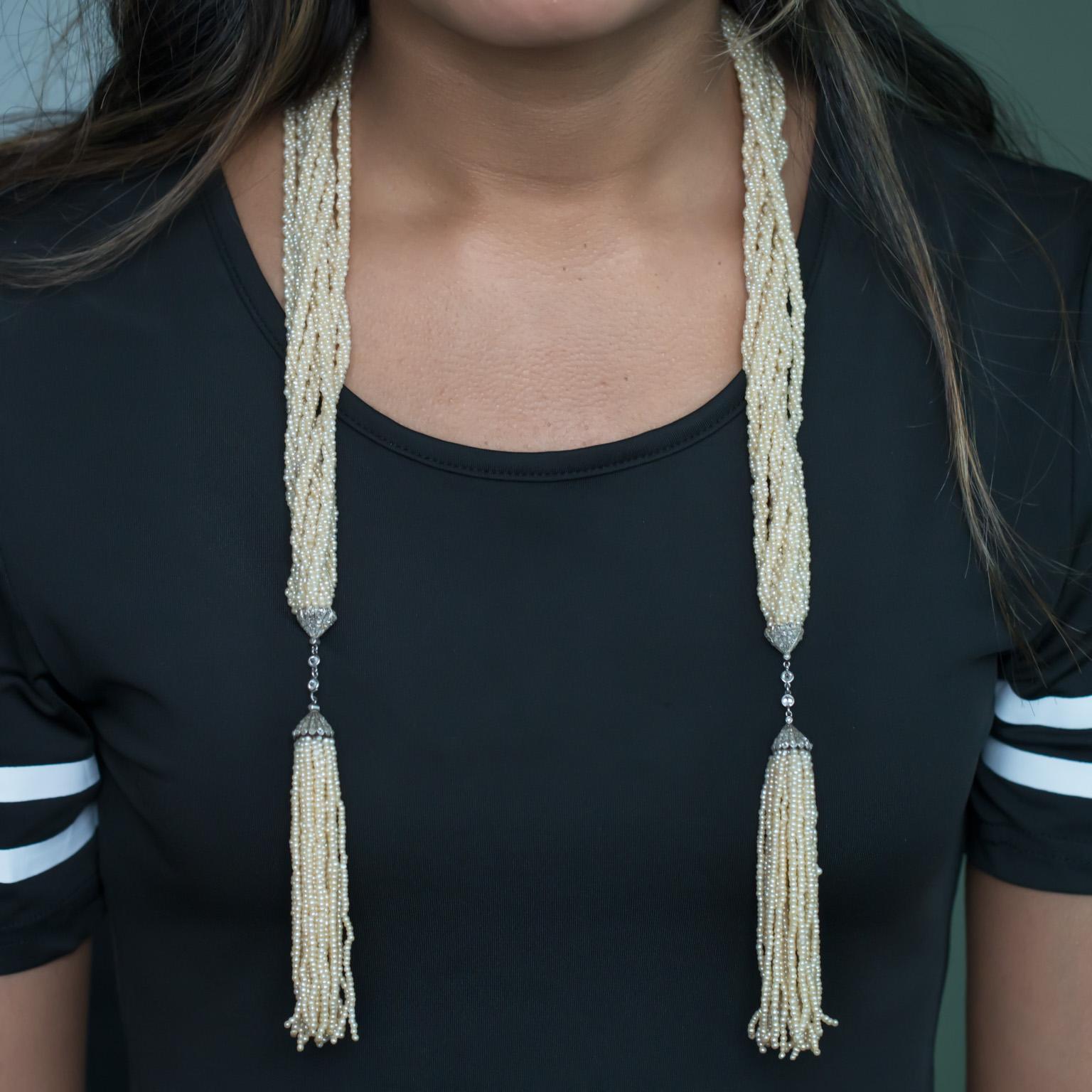 Art Deco Platinum, Pearl Sautoir with Diamonds, Tassel Necklace In Good Condition For Sale In Hicksville, NY
