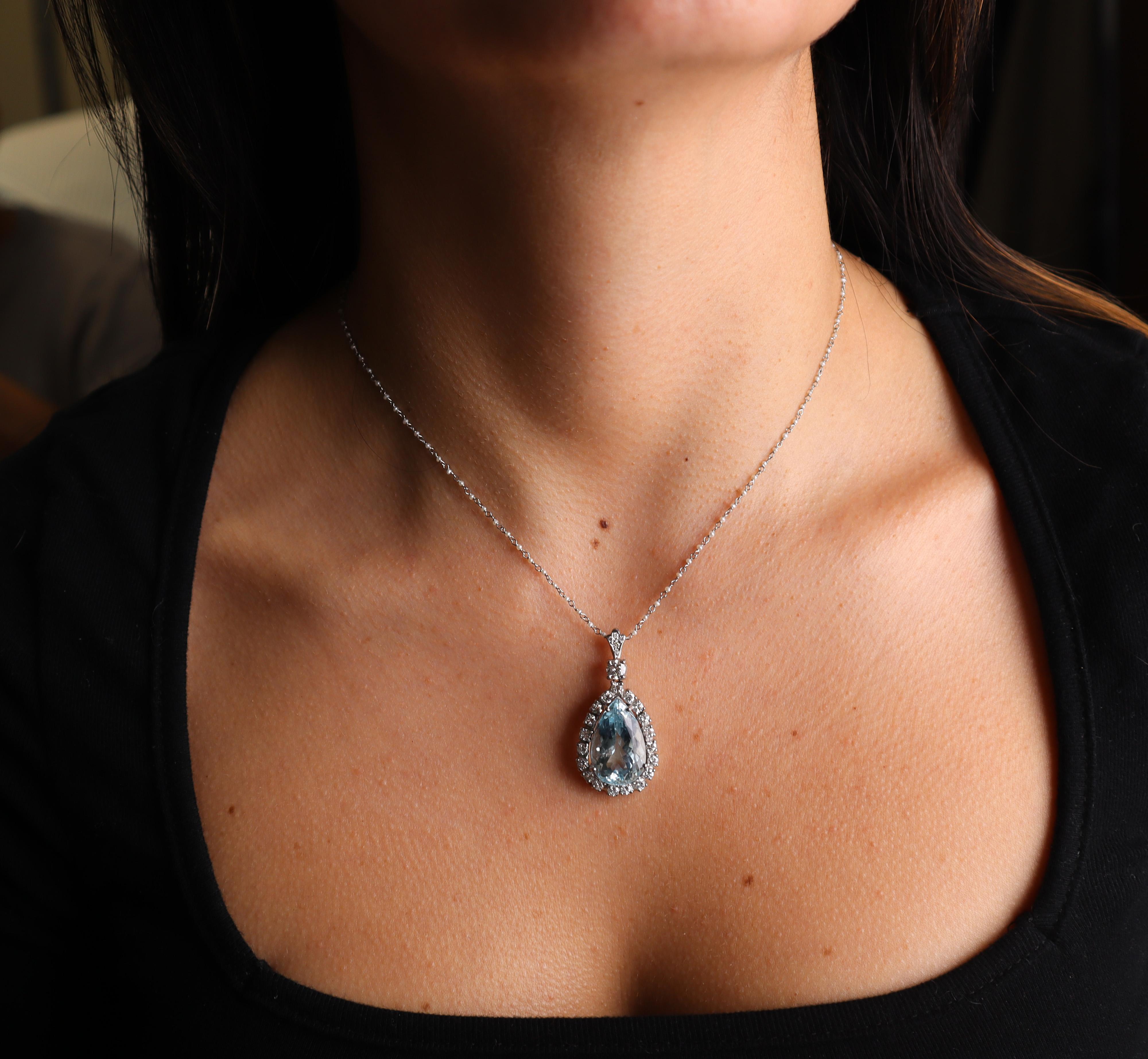 da uomo o donna Collana con ciondolo in platino Art Déco con acquamarina, diamanti e perle in vendita