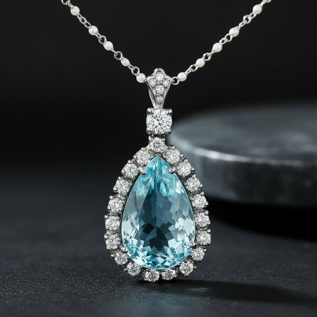 Collier pendentif Art déco en platine, aigue-marine, diamants et perles en vente 1