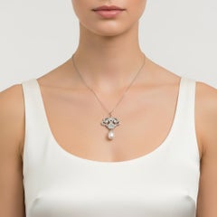 Art Deco Platinum Pendant Necklace with Diamonds & Pearl